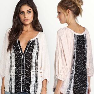 Free People “Days of Romance” Black and Cream Oversized Patterned Blouse Small